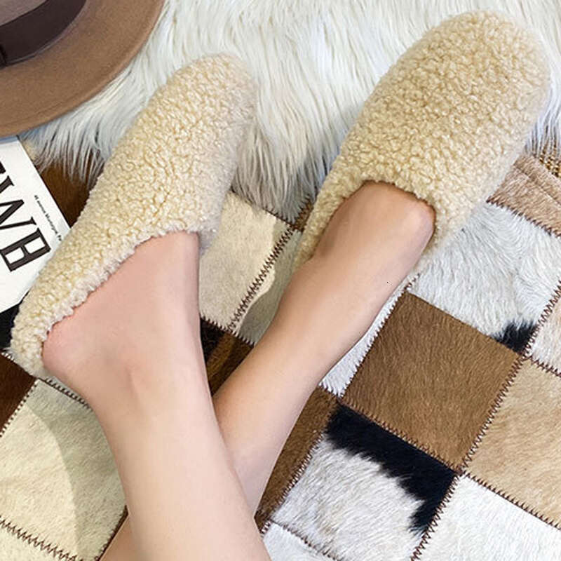 2025 Winter Wool Slippers Women Curly Sheep Fur Flat Shoes Warm Cozy Slip On Pantuflas House Slides Femme Cotton Lambswool Mules