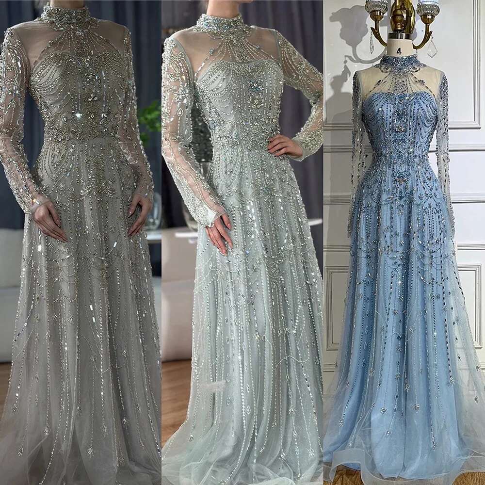 Hill Arabic Serene A E Blue Lace Beaded Evening Gowns For S Party Dubai LA Customized Vening L