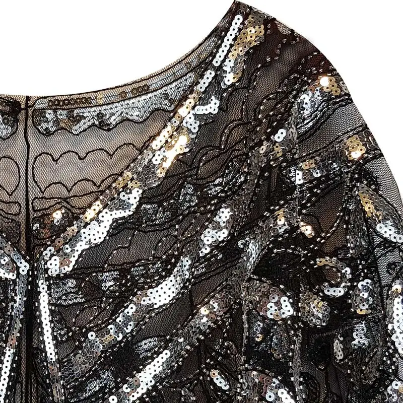 Beaded New Shawl Vintage Scarves 1920s Style Women's Shawl Black Sier Sequin Beaded Sheer Mesh Capelet Sequined Bolero Jacket smile