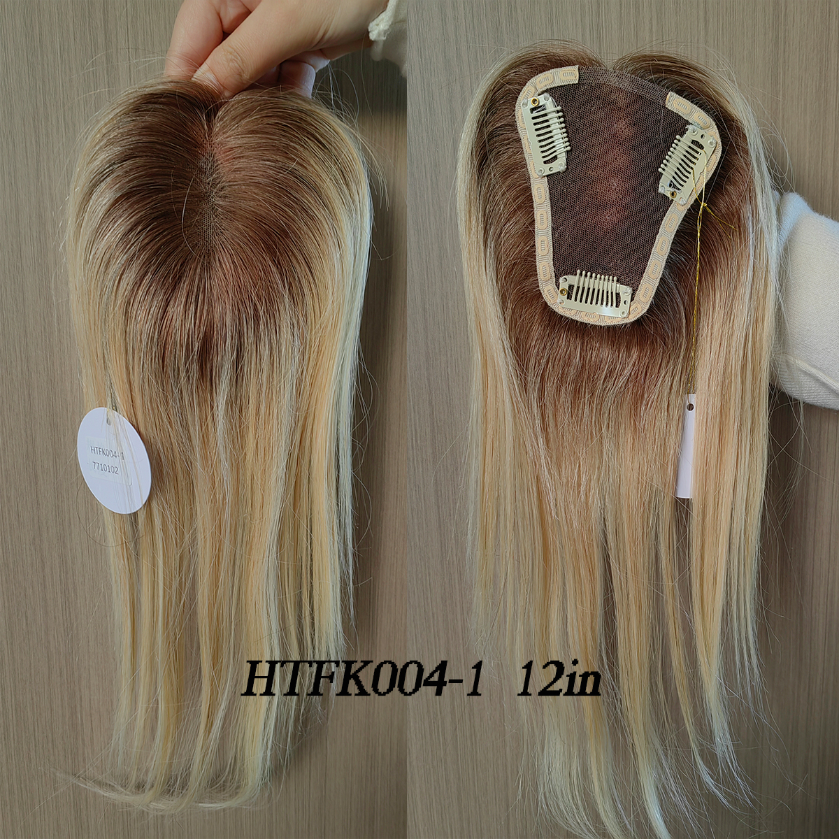 Brown Blonde Ombre 100% Remy Human Hair Toppers for Women 12 Inch Straight Middle Part Human Hair Piece Silk Base Clip in Topper
