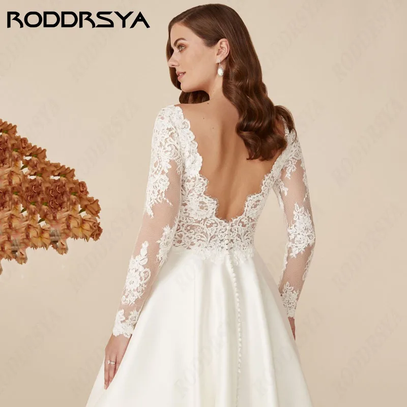 Lace RODDRSYA Sleeve Long A-line Wedding Dresses Simple Satin Sweep Train Insertable Pocket vestidos de novia Elegant V-Neck smile
