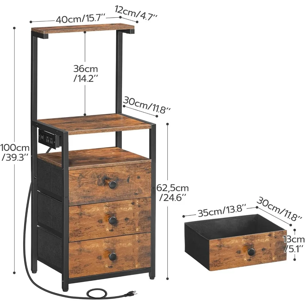 Nightstand with Charging Station,Bedside Table Fabric Drawers,End Table Open Storage Shelves,Night Stand Rustic Brown and Black