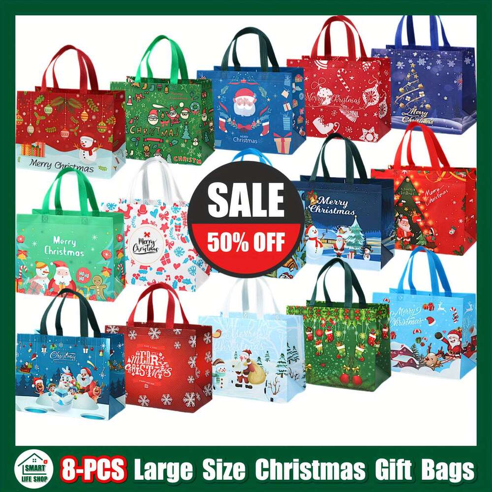 Christmas 8pcs Christmas - Reusable, Waterproof, Reinforced Handle Tote Bags for Grocery Shopping and Gift Giving
