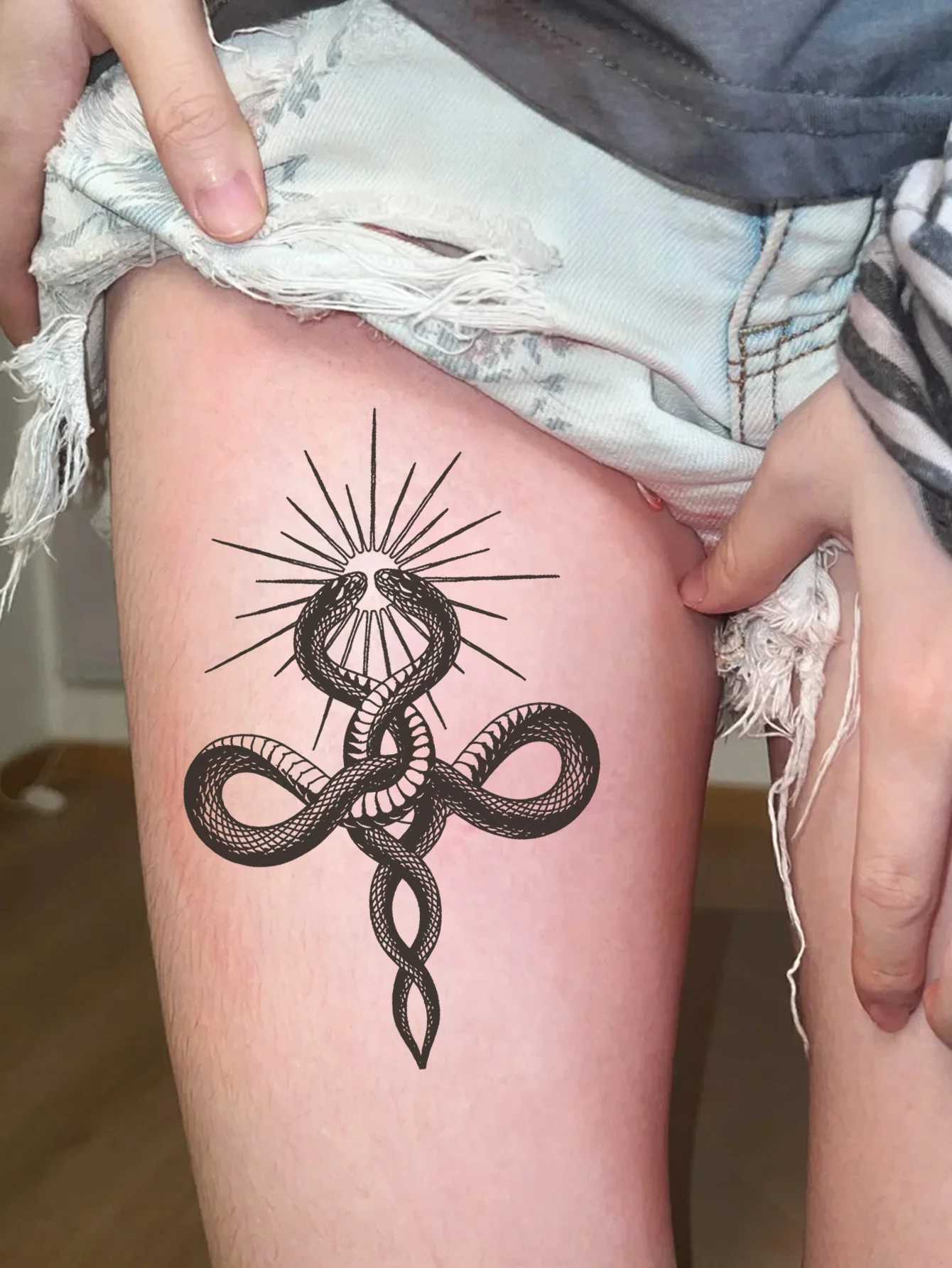 Snake and Sun Leg Waterproof Temporary Tattoo Stickers lasting 1-2 weeks real semi permanent fake tattoos W241109