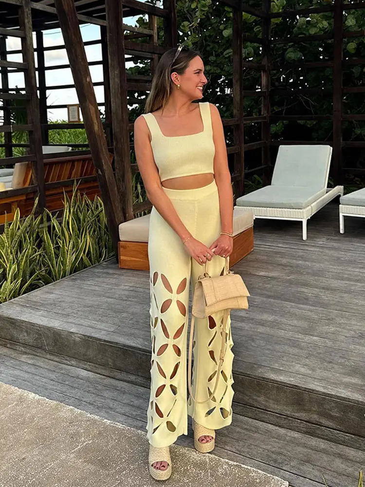 Women Elegant Hollow Out Knit Pants Suit Casual Square Neck Cropped Tank High Waist Trousers Set 2024 Lady Vacation Chic Outfits 240407