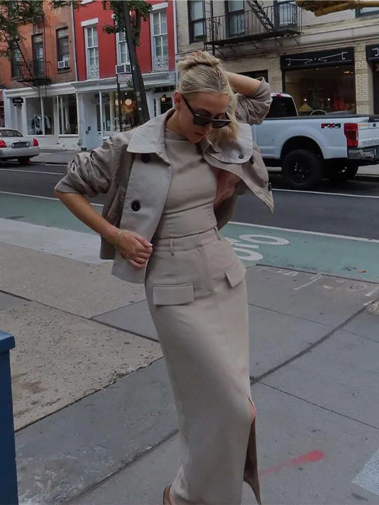 Elegant Tank Top Skirt Suit Fashion Sleeveless Oneck Slim Vest Split Zipper Midi Skirts 2 Pieces Set Female Spring 2024 240401