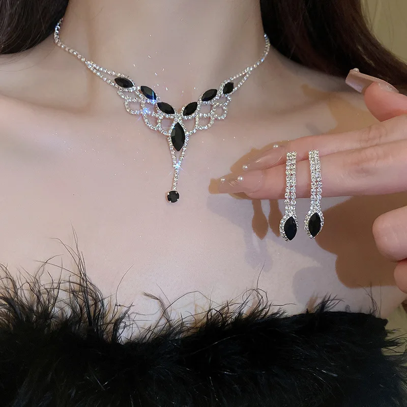 FYUAN Geometric Hollow Rhinestone Necklace Earrings Women Black Crystal Earrings for Wedding Bride Jewelry Sets Accessories smile