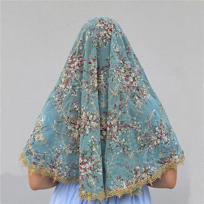 Velos de Mantilla de gasa Vintage en forma de D triangulares para iglesia, cubierta de cabeza de masa de catedral, dorado, colorido, Floral, azul