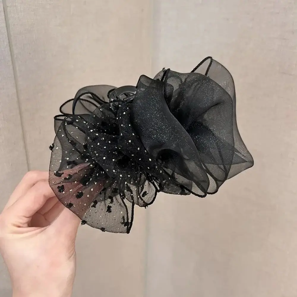 Double-sided Elegant Dots Black Mesh Bow Hair Claw Clips Large Crab Clip Barrettes Shark Clip Hair Accessories for Women smile