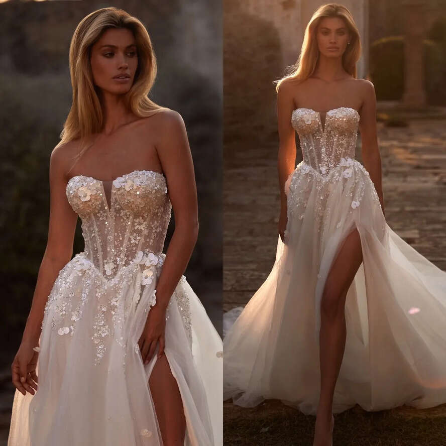 Nova Milla A E Dresses Bridal Gowns Appliqued Sweetheart Split Boho Wedding Dress Illusion Bone Bodice Sweep Train Backless Vestidos De Novia Ppliqued