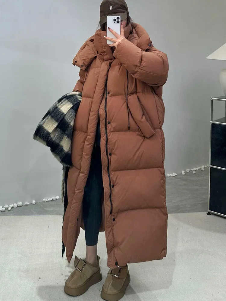 Janveny womens down jacket Korean loose hooded thick warm long duck down jacket winter inflatable jacket suitable for womens park jacket 241108