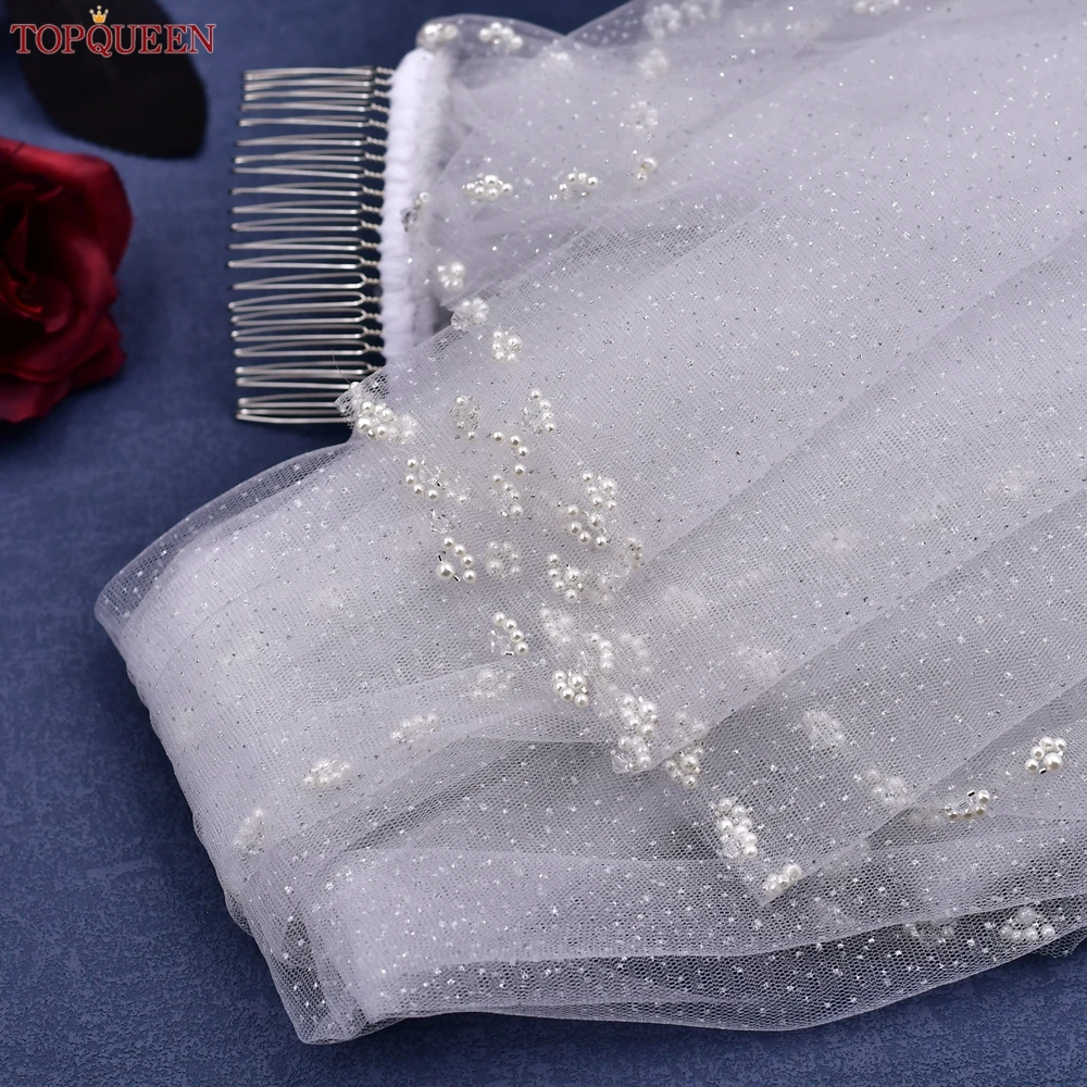 TOPQUEEN V179 Sparkling Wedding Veils for Bride Pearls Bridal Veil with Crystals Edge 1 Tier Chapel Veil with Comb Champagne