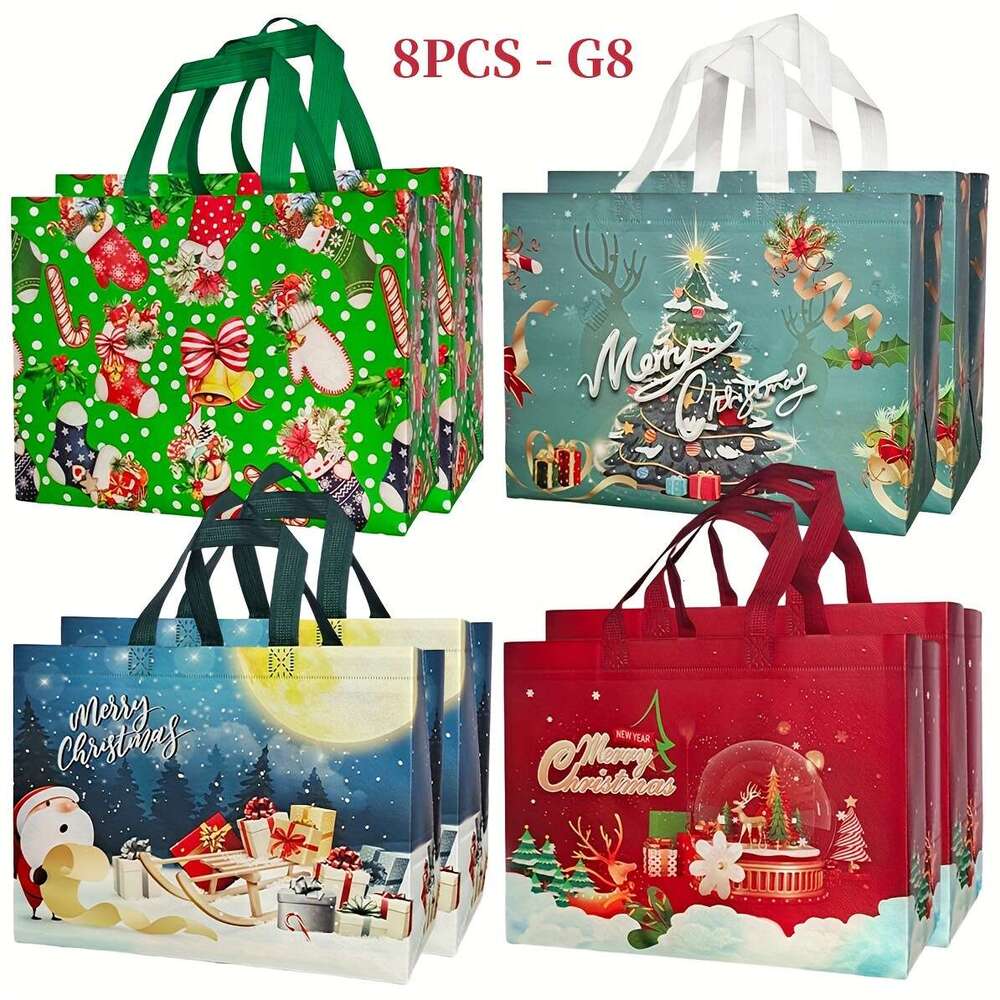 Christmas Set of 8 Christmas Reusable Shopping Totes Non-Woven Shatterproof Rectangle Gift Bags with Handles for Wrapping