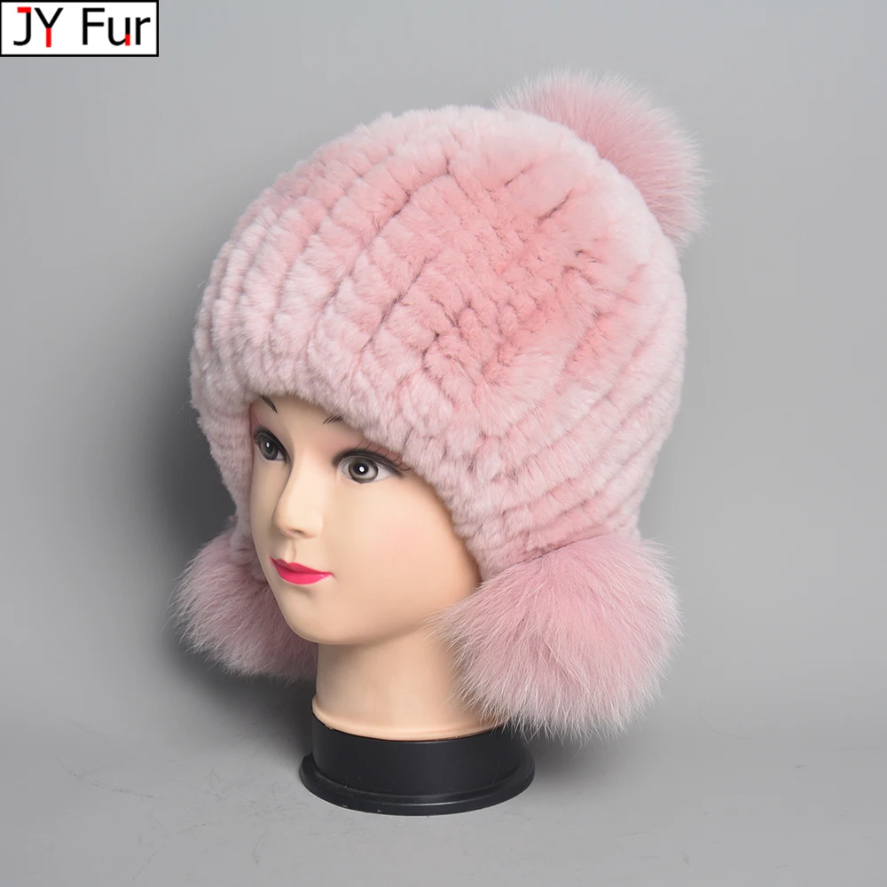 Rabbit Bomber Natural Fur ddmysmile Hats Winter Warm Outdoor Fluffy Earflap Caps Russian Boys And Girls Children Smile