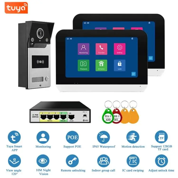 SmartYIBA 7 Inch HD IP Video Doorbell WIFI Monitor With POE Switch Tuya Visual Interphone APP/RFID Unlock WIFI Video Door Phone