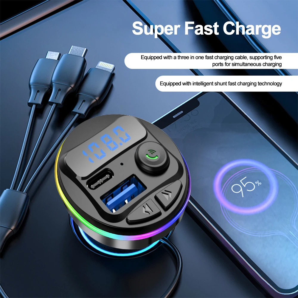 5.0 FM Transmitter Bluetooth Car Kit MP3 Modulator Player Handsfree Audio Receiver With 3 in 1 Charge Cable for IPhone Huawei smile