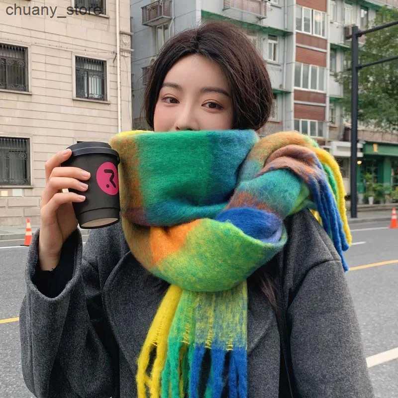 Scarves Rainbow Plaid Scarf For Women Autumn-Winter Premium Color Matching Fringe Mohair Thickened Shawl 24W027 L240910