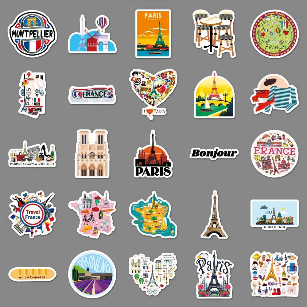 French Famous Paris 10/50pcs Tourist Landmark Check-in Attractions Stickers Travel DIY Travel Hand Account Guka Decal Kids Toys smile