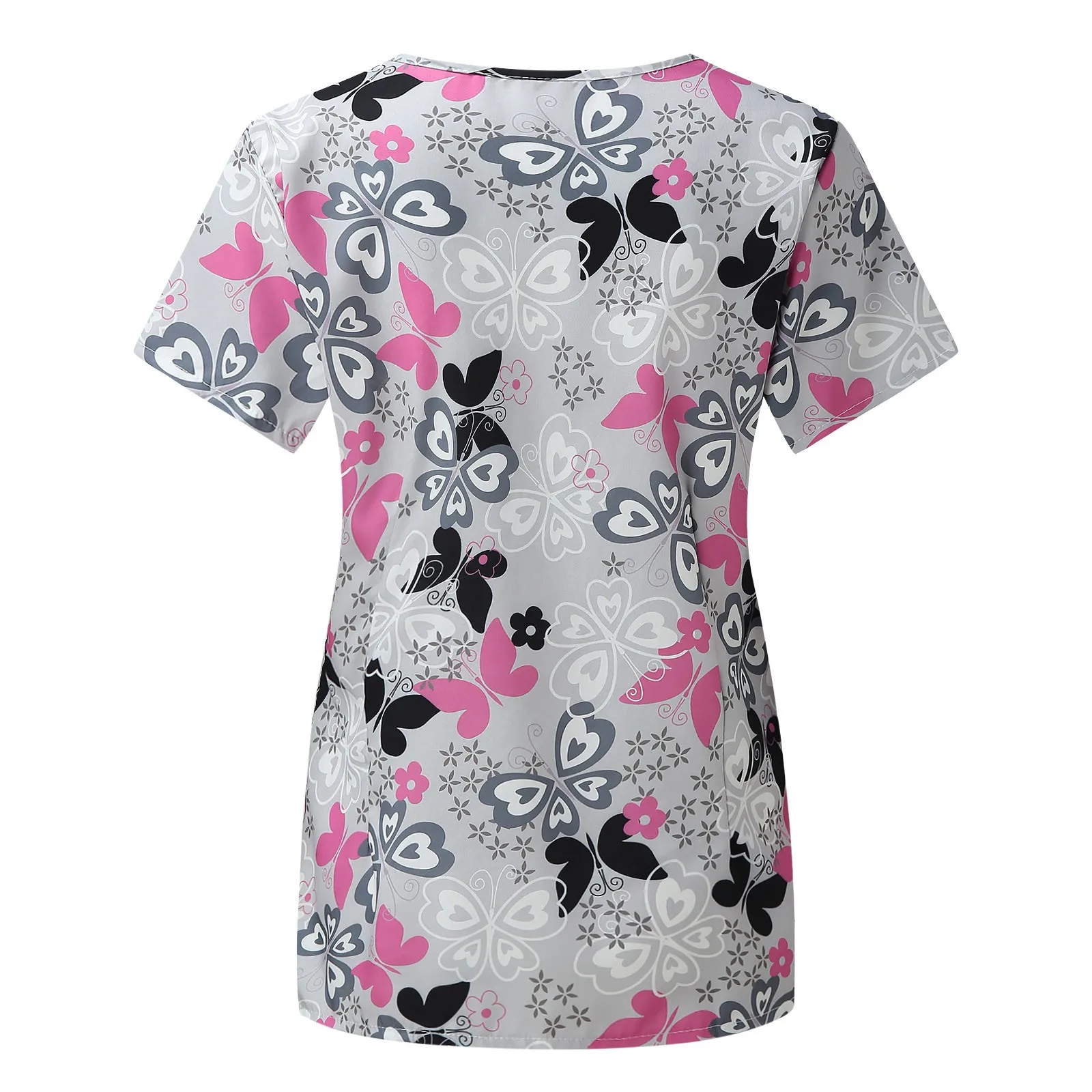Working Uniform Women Printed Flower Butterfly Pocket Nurse Blouse Carers Short Sleeve Scrub Tops V-neck Healthcare Carer Tunic smile