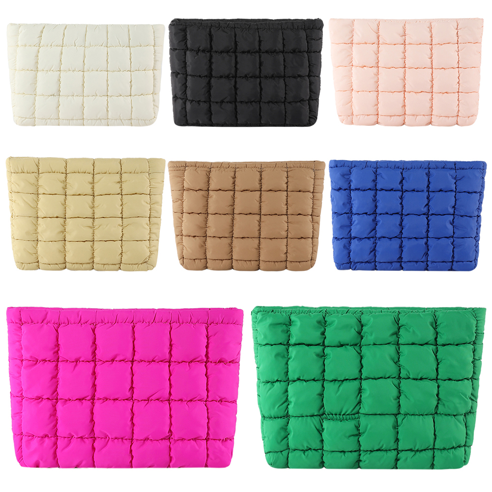 Quilted Puffy Travel Pouch with Zipper Makeup Organizer Storage Bag Solid Color for Women and Girls