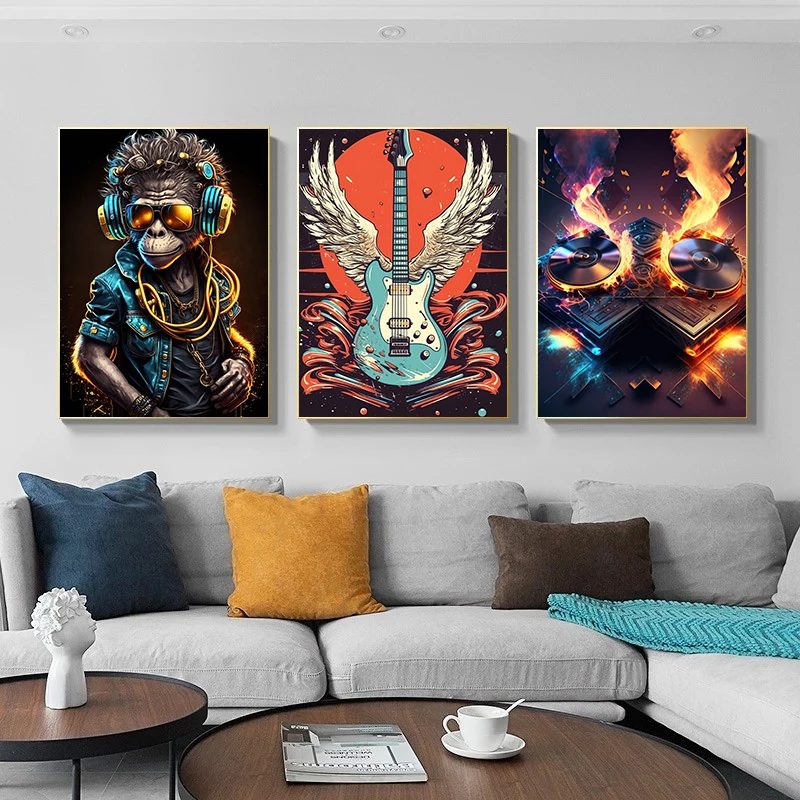 Pop Rock Music Design Poster Sheet Music Hip Hop Monkey Electric Guitar Canvas Painting Modern Wall Art Picture Home Decor