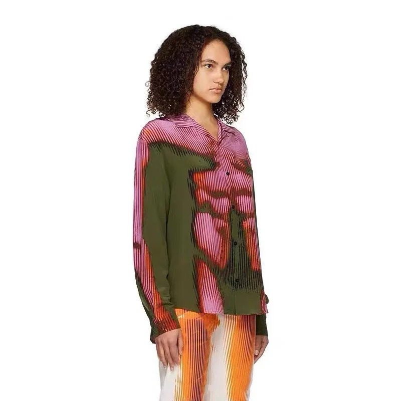 Gradient Color Human Body Image Print Patchwork Shirts for Men and Women Streetwear Baggy Camisas Ropa Hombre Y2k Clothing 240329