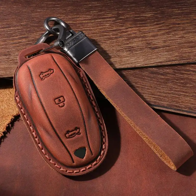 Horse Leather Crazy Retro Car Key Case Cover Keyring Holder for Tesla Model 3 Model X Model S Model Y Keychain Holder Fob Shell smile