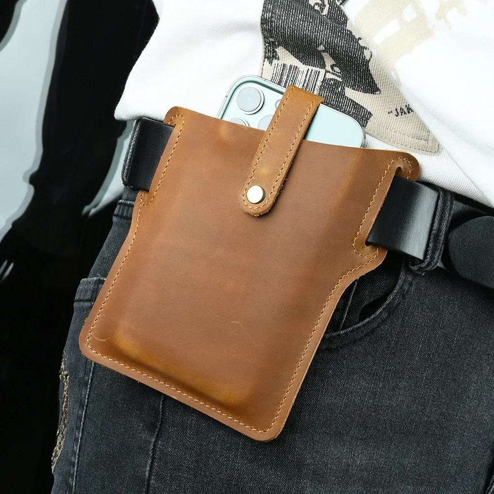 Leather Horse Moterm Crazy Men Waist Bags New Retro Wear Resistant Mobile Phone Bag Leisure Cowhide Male Belt Pouch Wholesale smile