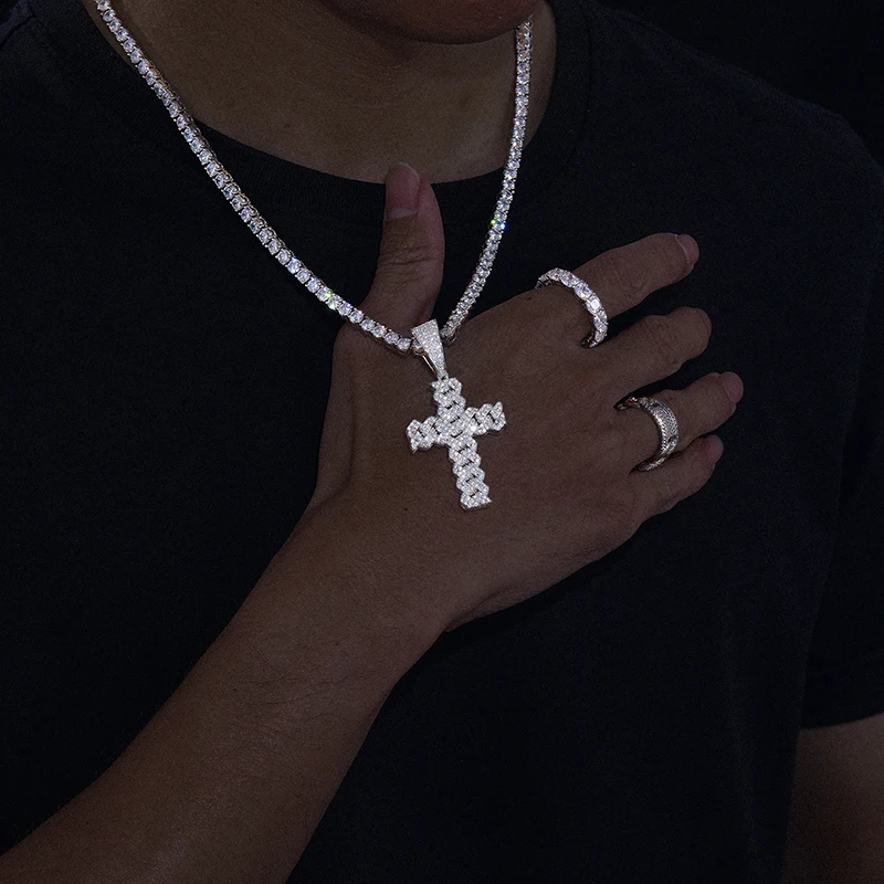 Men Women Hip Hop Cross Pendant Necklace With D VVS Moissanite Iced Out Bling 925 Sterling Silver Necklaces Hip Hop Jewelry Gift