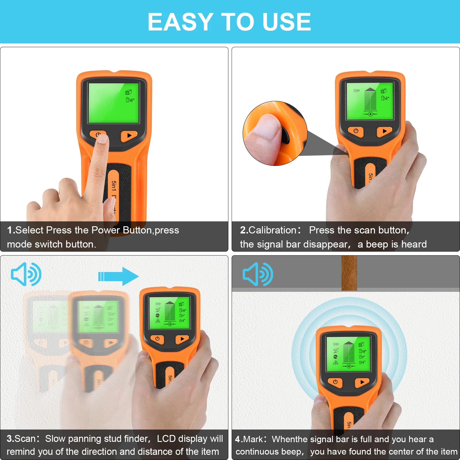 High-end Professional Gold All Metal Detector Cable Hidden Wiring Stud Voltage Live Wire Finder Waterproof Handheld Wall Scanner