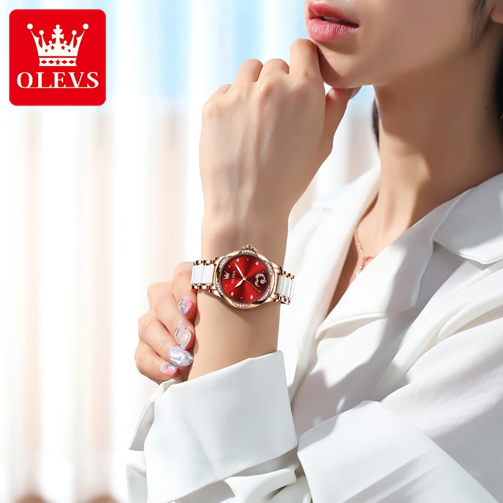 OLEVS Automatic Mechanical Watch for Women Luxury Ceramics Strap Waterproof Elegant Diamond Women's Wristwatch Clock Reloj Mujer