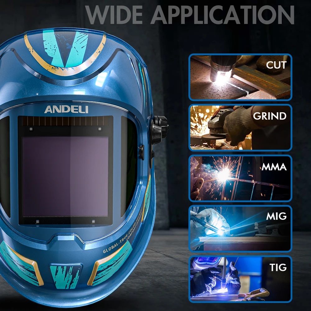ANDELI Auto Darkening Welding Helmet Large Screen 180° View True Color Solar Welder Mask 4 ARC Sensors 1/1/1/2 Optical Weld Hood