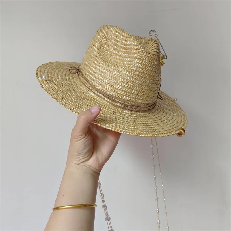 Straw DIY Hat New Punk Style Pearl Chain DIY Jazz Hat Sun Hat New Korean Letter Hat Beach Hat Men's and Women's Punk Hat Sun smile