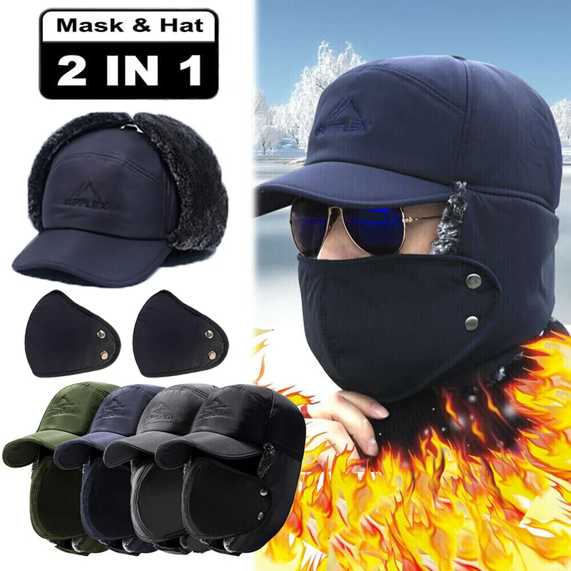 Warm Hat Winter Men With Mask Thicken Faux Fur Bomber Hat ddmysmile Ear Flap Cap Dad Thermal Bonnets Hats Outdoor Fishing Skiing Cap Hats Smile