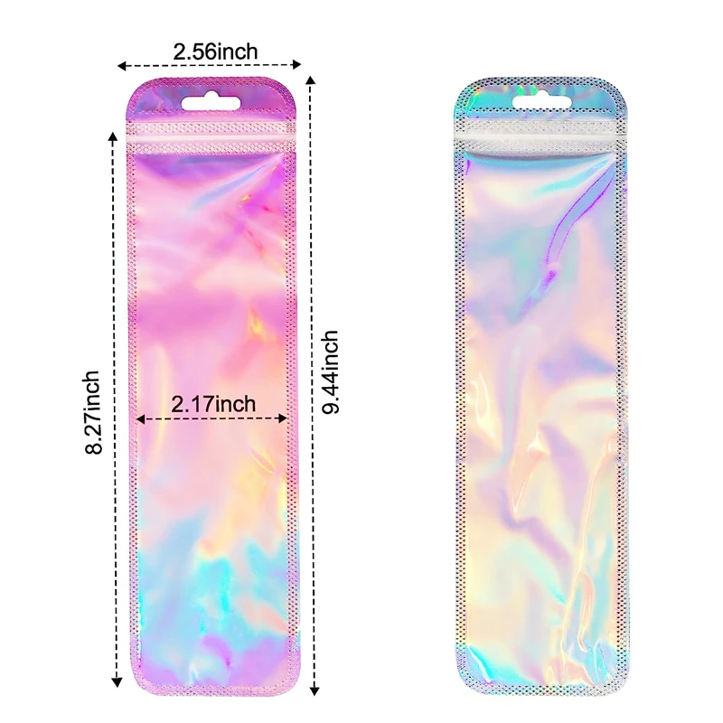 Zipper 200Pcs Mix Rainbow Pouch Long Holographic Plastic Resealable Mylar Pouch Gift Pen Packaging Bags Jewelry Necklace Baggies smile