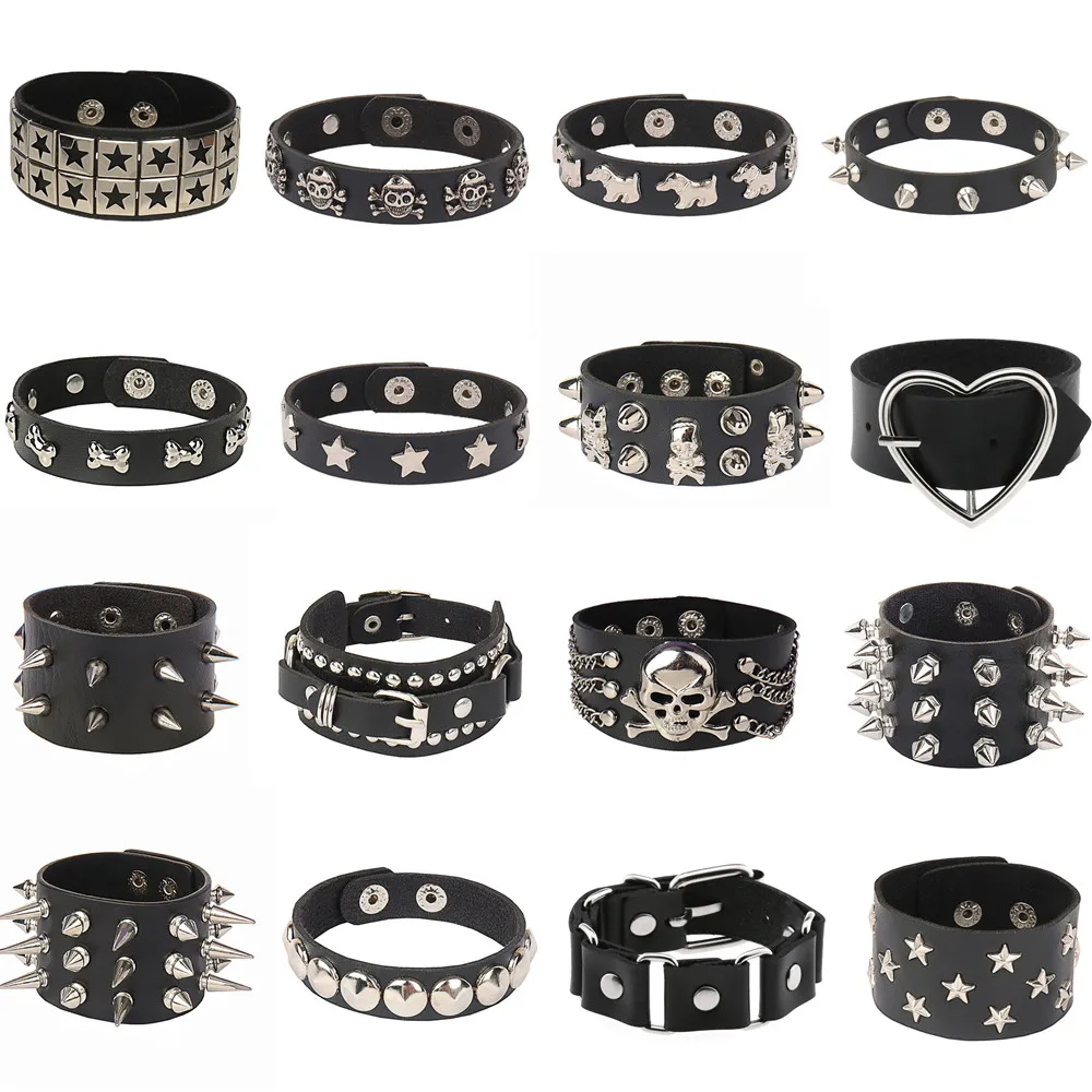 Leather DIEZI Punk PU Goth Wrap Bracelet Women Men Vintage Haruku Star Skull Rivet Chain Bracelet ddmysmile Bangles Halloween Jewelry Smile