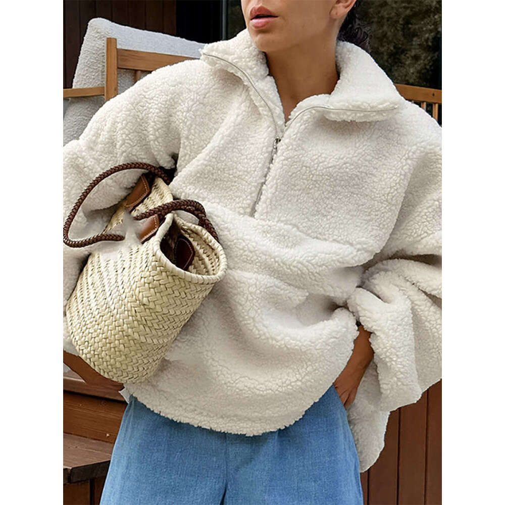 Elegant White Fleece Sweatshirt For Women Oversized Zippers Long Sleeve Pullover 2024 Autumn New Lady Casual Street Outwear