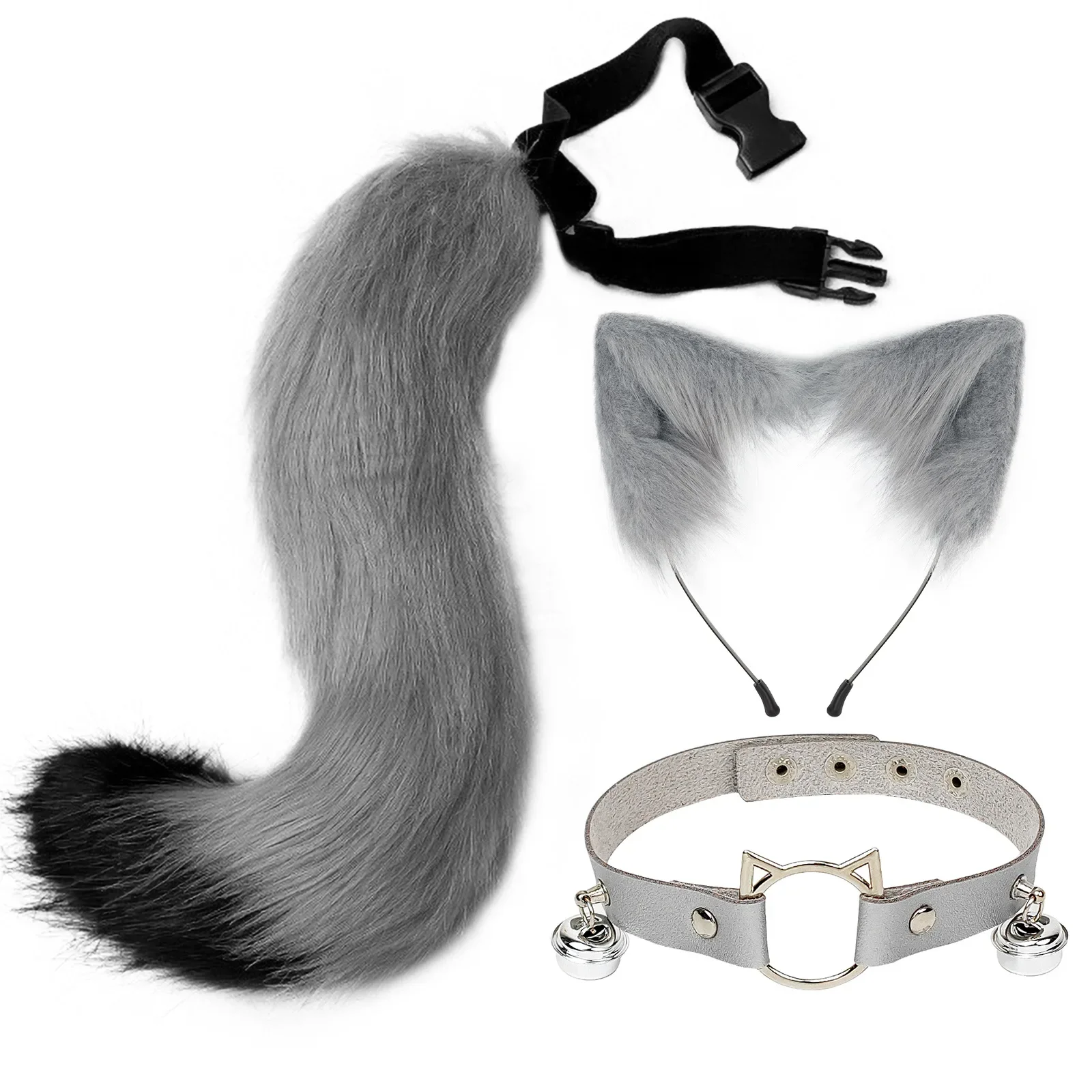 Handmade Furry Cat Kawaii Ears and Tail Set Wolf Fox Hair Clip Faux Fur Leather Neck Choker Halloween Party Cosplay Set Gift Bag smile