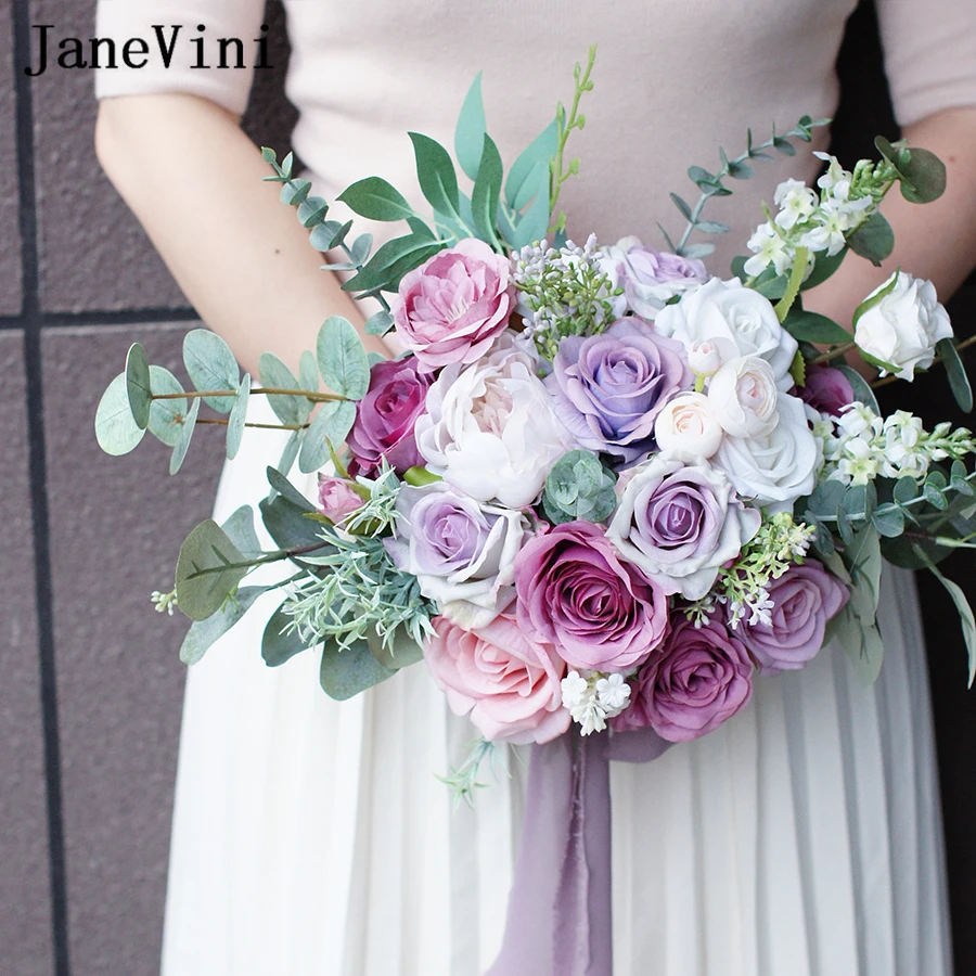 Eucalyptus JaneVini Roses Romantic Pink Purple Artificial Flowers Bouquet for Bride Europe Style Wedding Bouquets Buque De Noiva smile