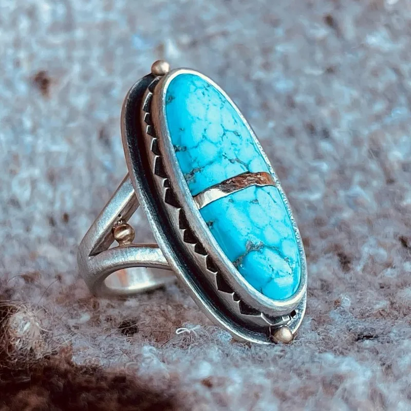 Ethnic Geometric Bohemian Style Natural Turquoise Ring for Women New Personalized Design Rings Vintage Jewelry Accessories Gifts smile