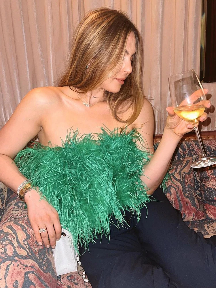 Spring Summer Club Ostrich Feather Elastic Top Bra Women Straples Turkey Bustier Wedding Lady Party Wrap Shirt S8638C 241108