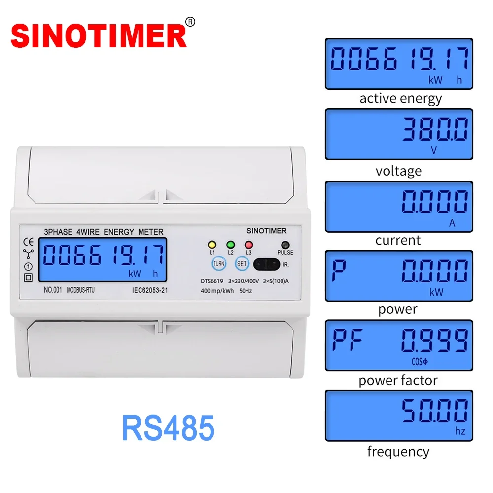 3 Phase 4 Wire RS485 Modbus 380V 100A DIN Rail Energy Meter Digital Backlight Power Factor Monitor with Voltage Current Display