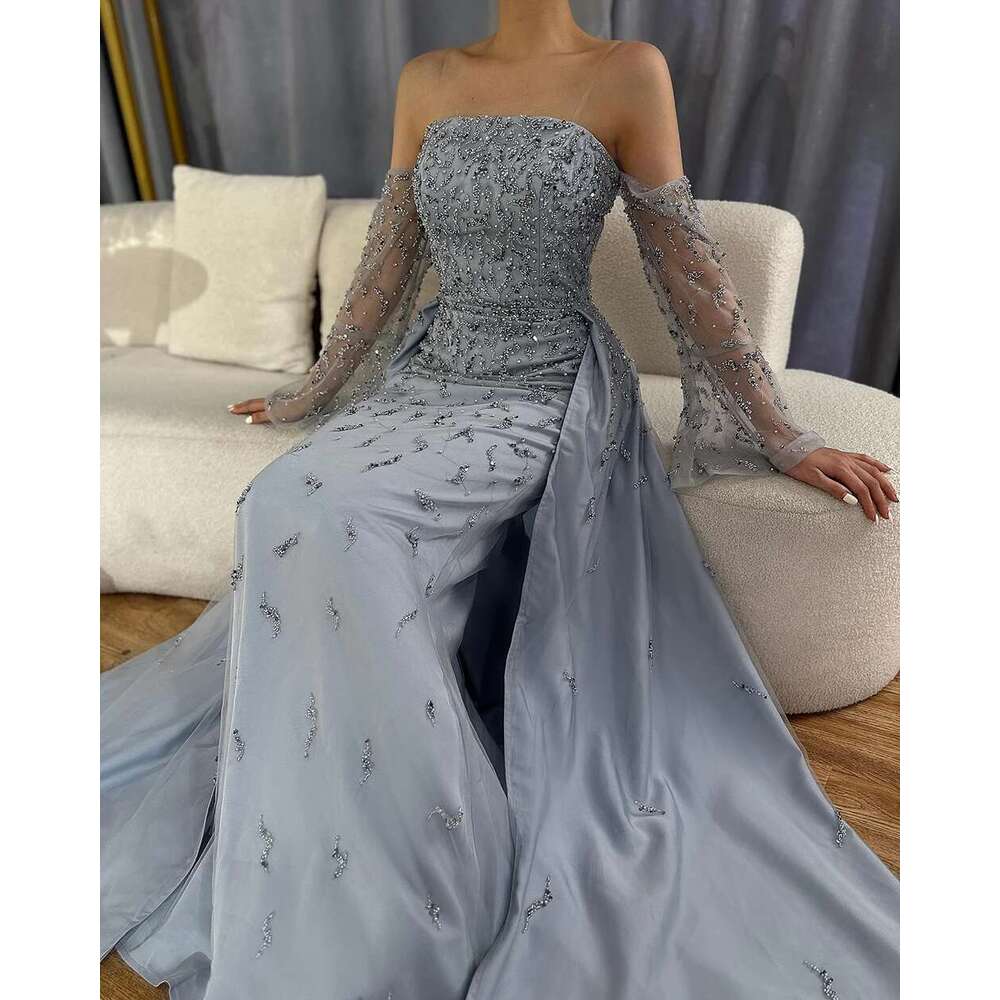 Customized Serene Hill Arabic Strapless Blue Beaded Pearls Dubai Evening Gown For Formal Ocn LA Mal