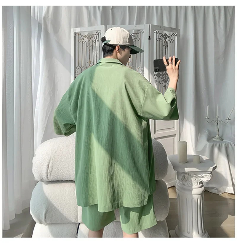 Summer Fashion Mens 2 Piece Set Tracksuits Casual Short Sleeves Shirtshorts Pants Suits Camisetas Ropa Hombre Korean Style 240409