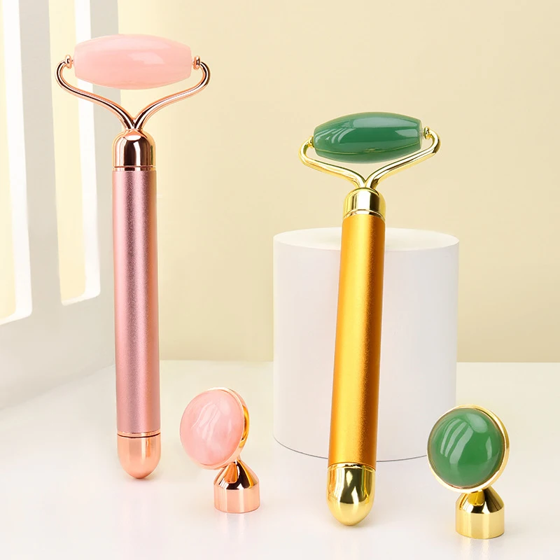 2 in 1 Electric Vibrating Natural Rose Quartz Jade Roller Face Lifting Crystal Jade Stone Facial Roller Beauty Massage Tool