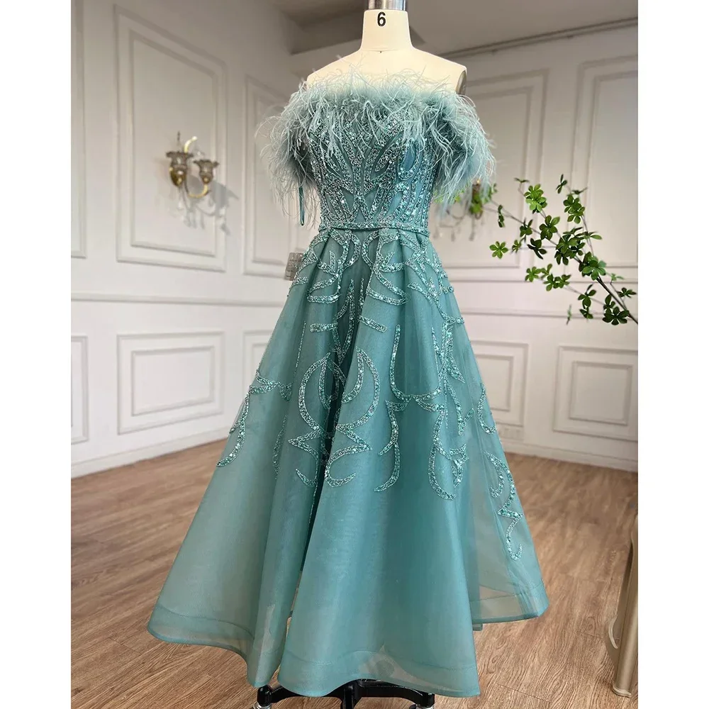 A-E Arabic Lilac Ankle Length Beaded Feather Evening Dresses Gowns For Women Party
