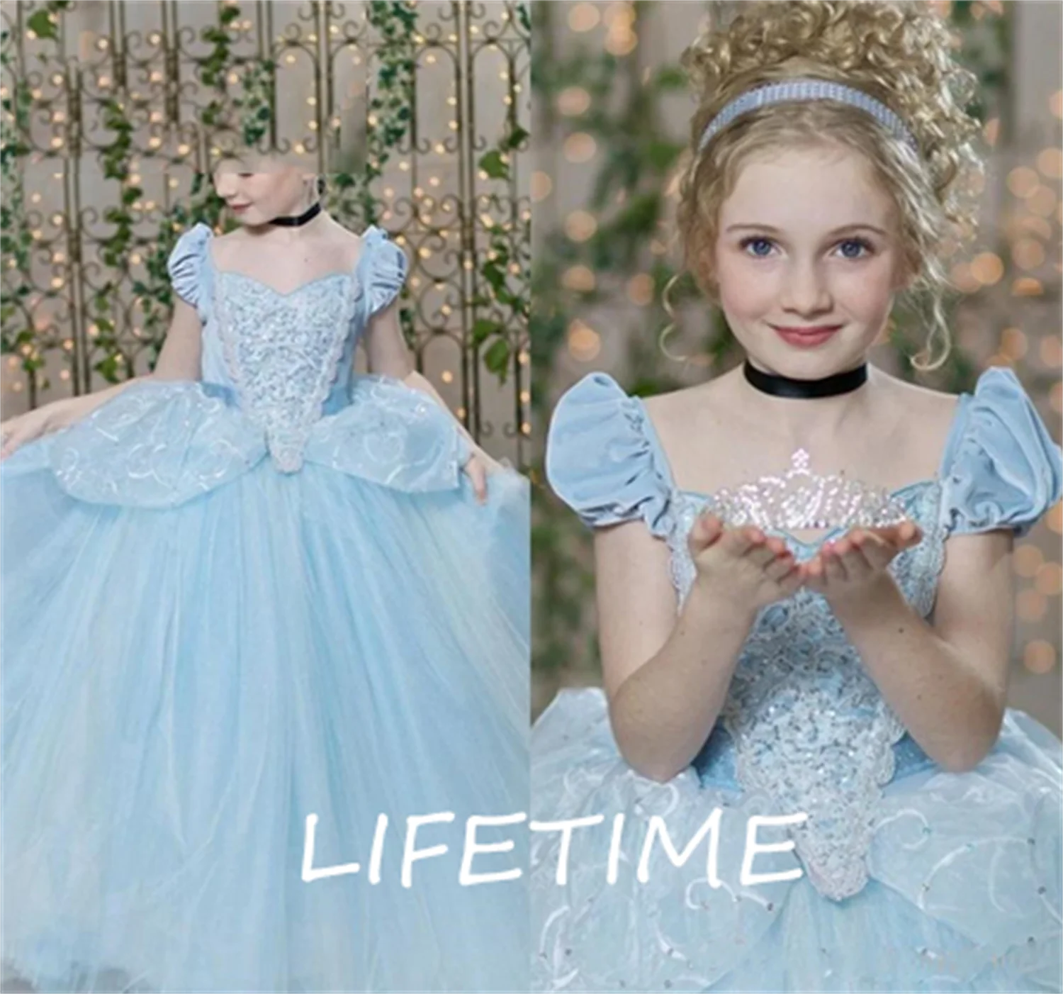 Pageant Dresses For Cinderella Teens Short Cap Sleeve Pleats Sequins Sky Blue Kids Ball Gown Girl Birthday Prom Dress smile