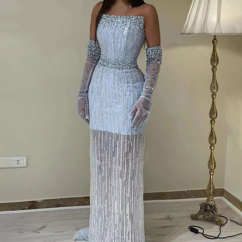 Hill Arabic Serene Blue Elegant Mermaid Strapless Beaded Party Dresses Gowns Formal Evening LA A Customized