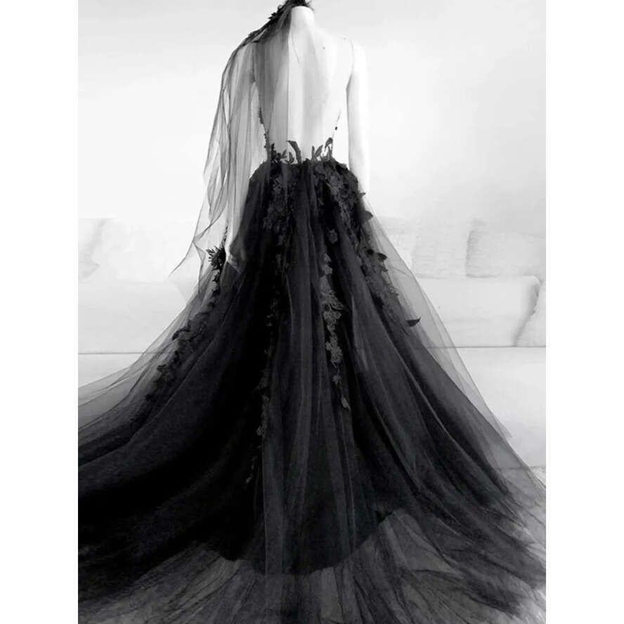 Black Gothic Wedding Dresses Sleeveless Bridal Gown Vestidos De Novia D Ral Applique Side High Slit Custom Made Tulle Plus Size