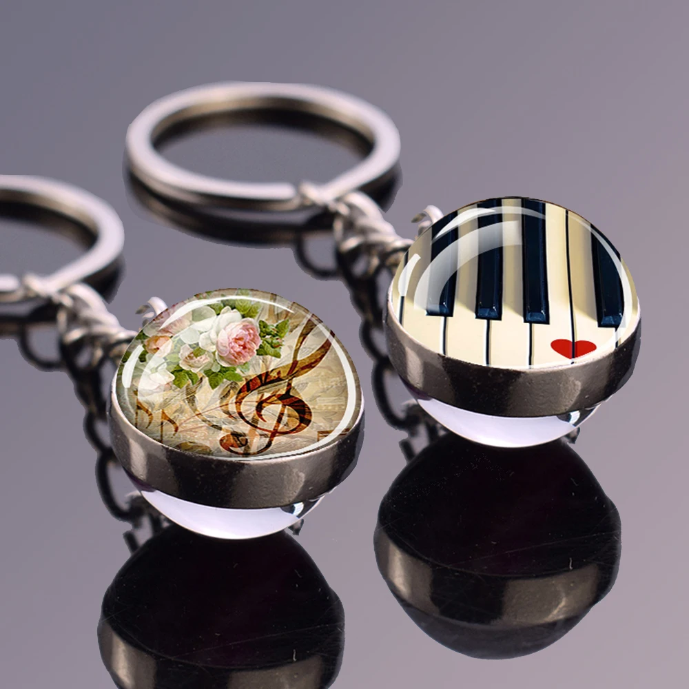 Music Musical Instrument Keychains Note Piano Guitar Clarinet Flute Key Chains Double Side Glass Ball Pendant ddmysmile Keyring Art Gift Smile